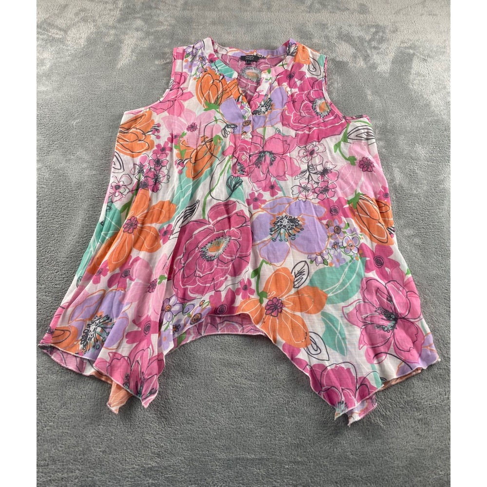 Ninety Clothing‎ Co Womens L. Pink Orange Floral Sleeveless Sharkbite Tunic Top